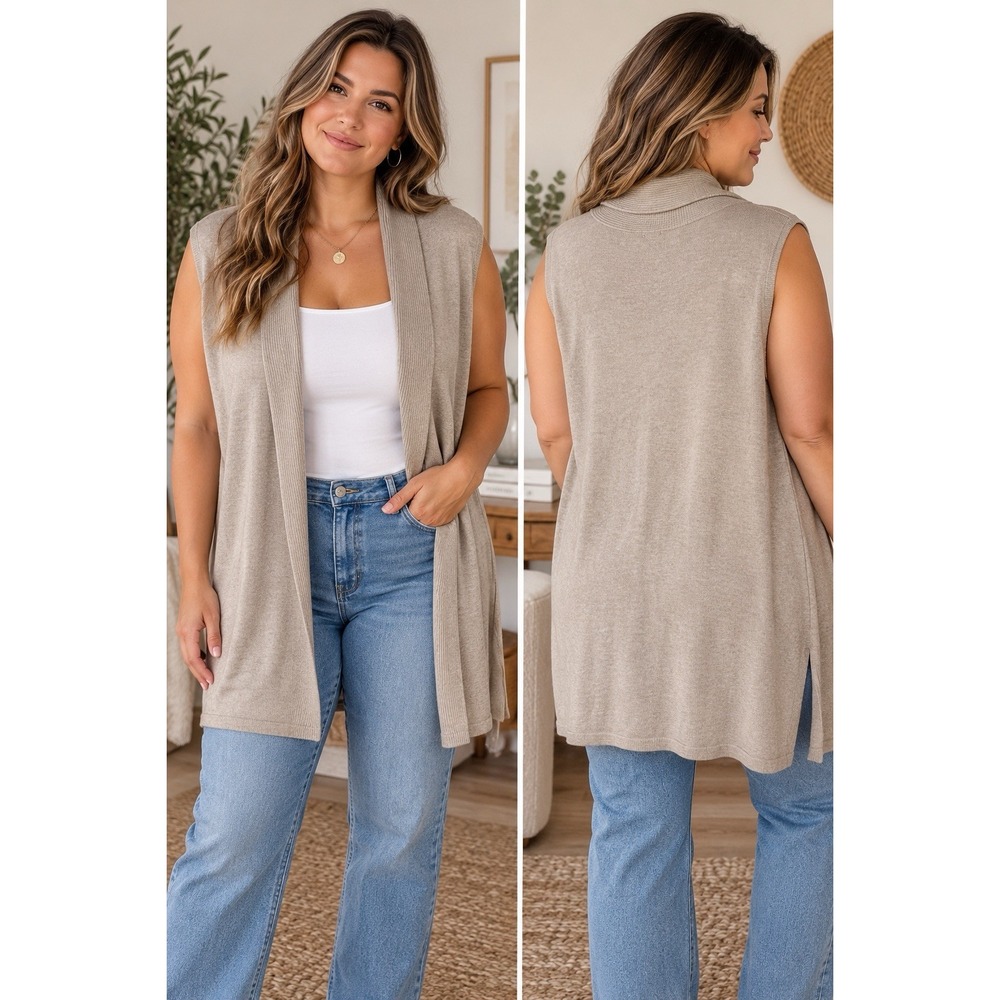 Vila Milano Women's L Taupe Longline Sleeveless Open Cardigan Duster Vest -3249
